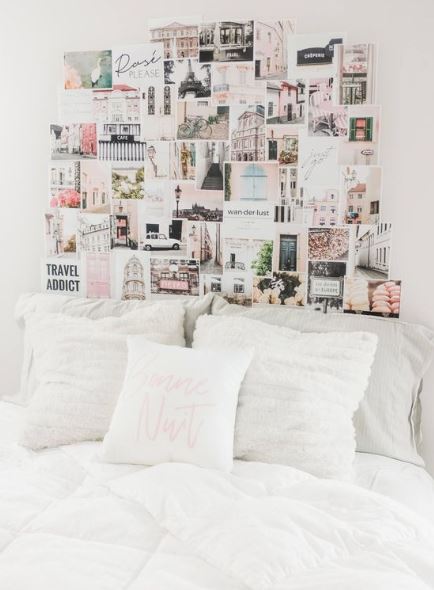 Vision wall with collage of pictures of goals hanging over bed