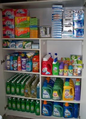 Save money or make more money extreme couponers pantry with rows of cleaning products