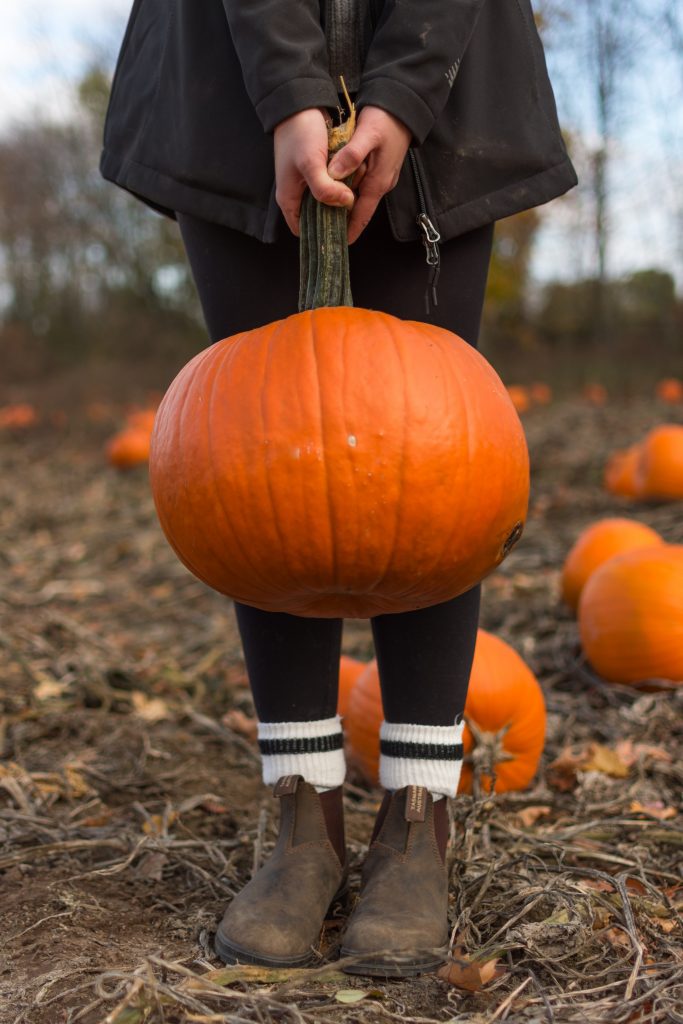 Person in coat and leggings holding stem of large pumpkin in center of phot