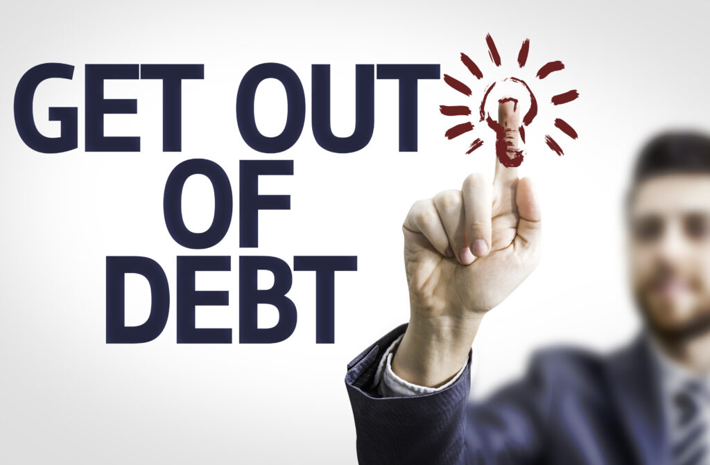 Get out of Debt person pointing to the words get out of debt